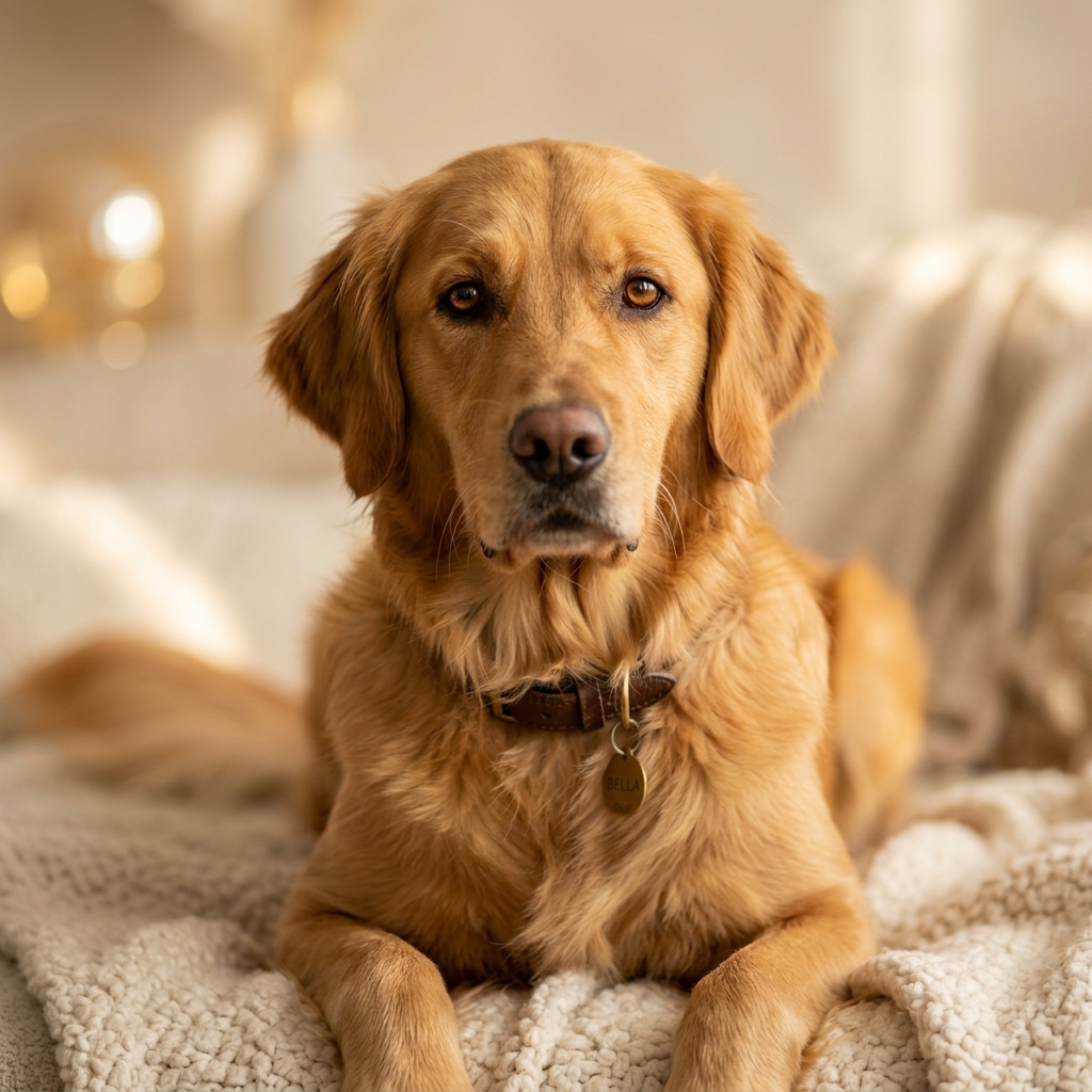 Heartwarming golden retriever pet portrait saved in the Dearfur keepsake memory journal